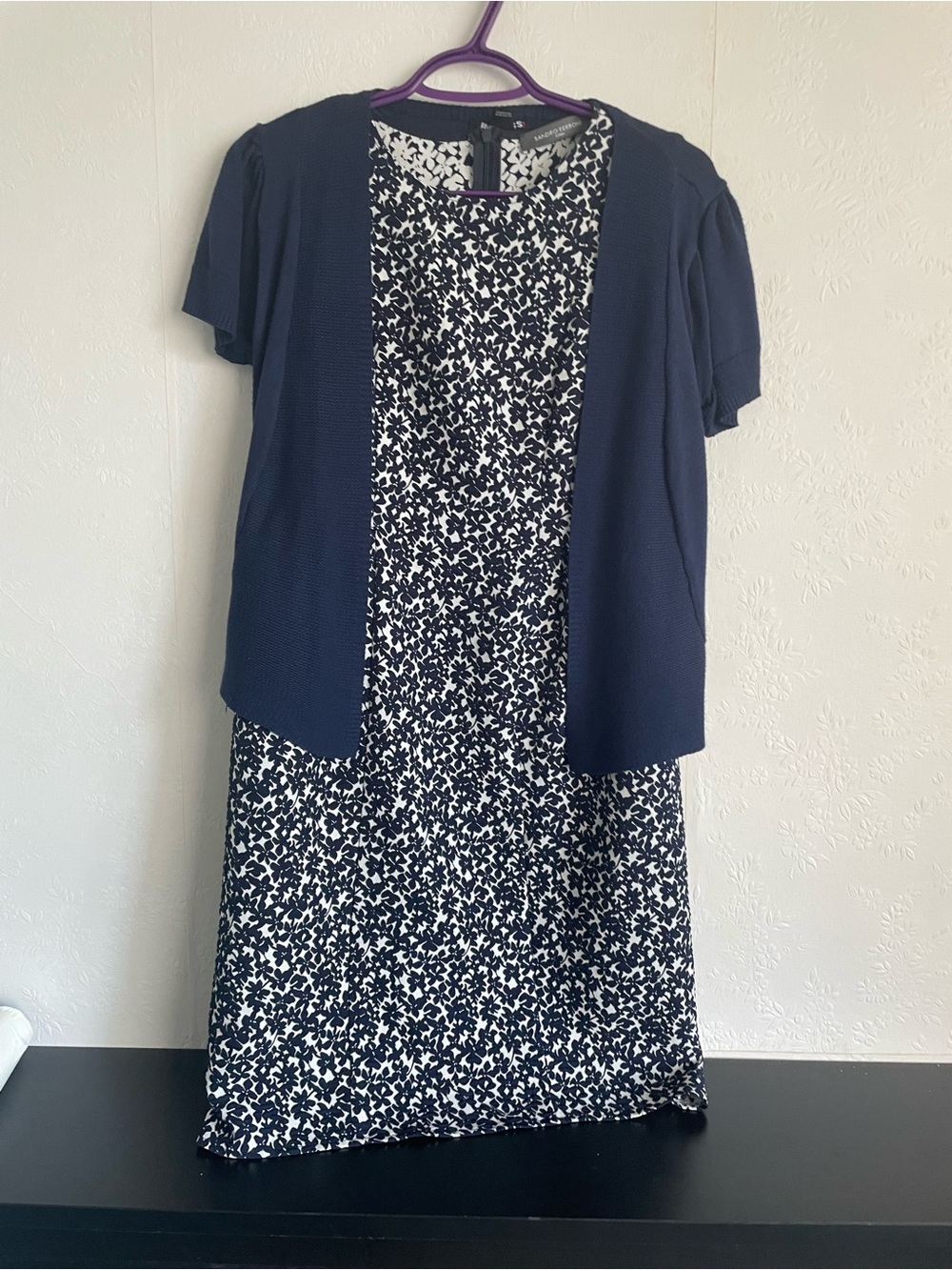 Sandro Ferrone Navy Floral Mini Dress with Navy Cardigan Overlay